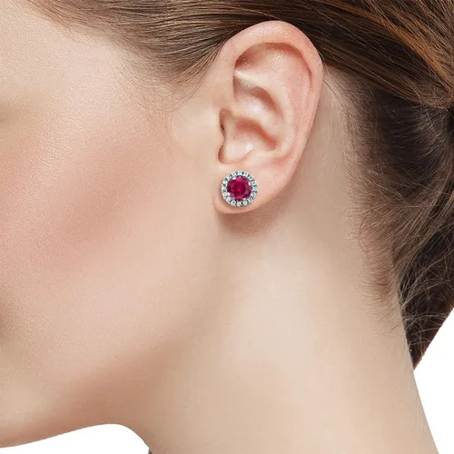 Miniatura 2 de Gem Stone King Aretes de plata de ley 925 con diseño de rubí rojo para mujer (2.00 quilates, redondo de 0.236 in), Metal Gema, Rubí sintético