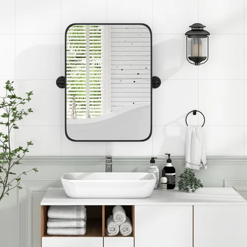Miniatura 2 de Tangkula Espejo pivote de 30 x 22 pulgadas, espejo de baño inclinable con película inastillable, soportes de pared, espejo enmarcado para montaje