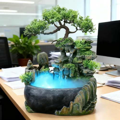 Miniatura 27 de 11.81 pulgadas Fuente de rocalla de mesa para interiores, cascada de bonsái, mini fuente de agua de rocalla con bomba automática y luz LED