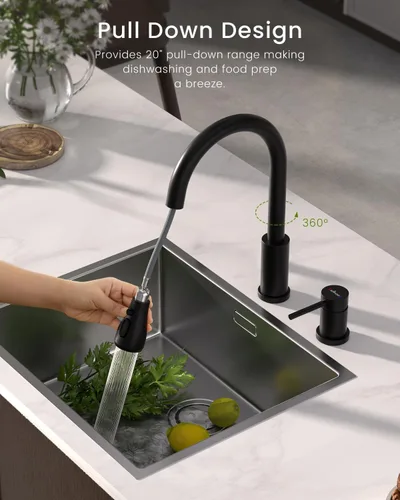 Miniatura 4 de APPASO - Grifo de cocina de 2 agujeros, grifo de cocina negro mate con rociador extraíble de 3 modos, grifo de cocina de arco alto con manija