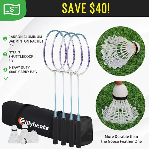 Miniatura 2 de Outdoor Baminton Net Set for Backyard, Beach, Family Games with 20 * 3ft Anti-sag Net, 4 Aluminum Badminton Rackets, 3 Shuttlecocks, Carring Bag