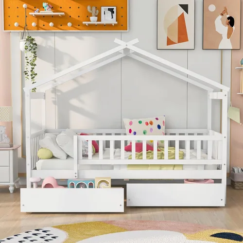 Miniatura 3 de Cama de madera de tamaño individual con dos cajones y techo, cama de plataforma con 2 cabeceros, para dormitorio de niños, adolescentes, niñas
