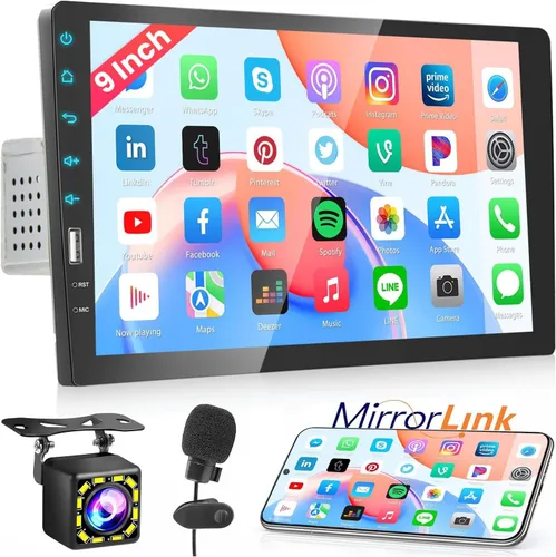 Radio de coche de 9 pulgadas Estéreo de coche de un solo DIN 1080P pantalla táctil con cámara de respaldo Micrófono Bluetooth llamadas manos libres