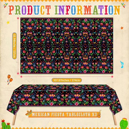 Miniatura 2 de Domensi 1 mantel mexicano de 54 x 108 pulgadas, mantel de fiesta de plástico Cielito Lindo desechable, funda de mesa con mandala y flor para taco
