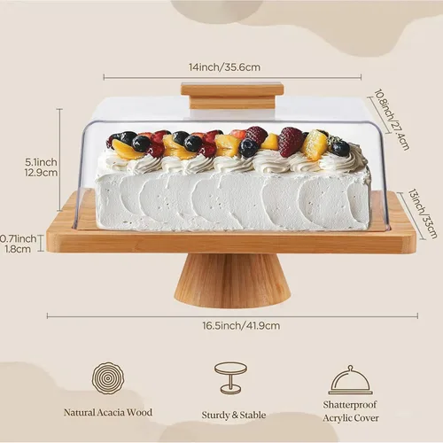 Miniatura 2 de HBlife Soporte para pasteles con tapa (16.5 pulgadas), soporte multifuncional para pasteles con cúpula acrílica, soporte rectangular de bambú 2 en 1