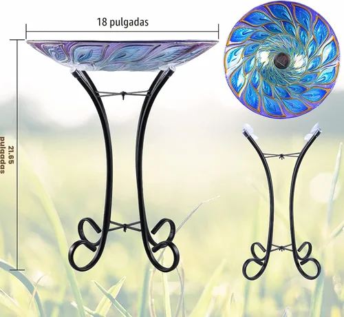 Miniatura 5 de MUMTOP Baño solar para pájaros de cristal al aire libre con soporte de metal para césped, patio, jardín, decoración de pavo real, 18 pulgadas