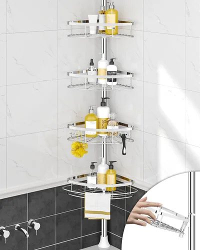 Miniatura 9 de SEIRIONE Estante de Ducha Esquinero con Barra de Tensión, Organizador de Ducha de Baño a Prueba de Óxido, Estante de Baño Ajustable de 4 Niveles