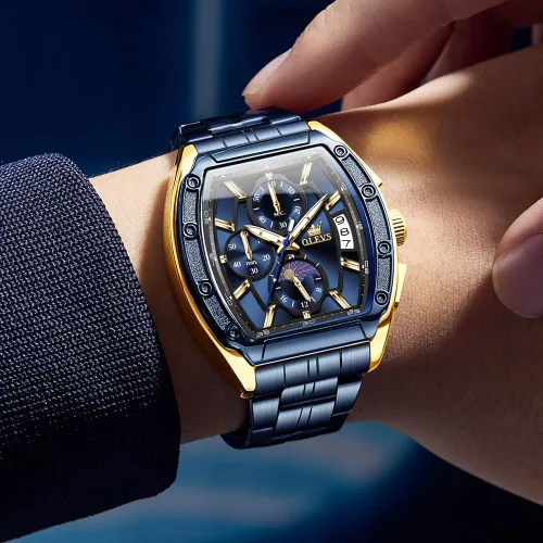 Miniatura 4 de OLEVS Relojes para Hombres Cronógrafo Impermeable Cara Rectangular Fase Lunar Correa de Acero Inoxidable Relojes de Vestir para Hombres Luminoso