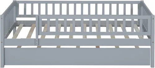 Miniatura 4 de Base de cama de tamaño individual con barandillas nido y valla para niños, adolescentes y adultos, soporte de listones de madera, no necesita Gris