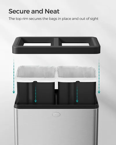 Miniatura 5 de SONGMICS 2 x 6.6 Galones Bote de Basura de Tapa Abierta, Papelera de Basura de Doble Compartimento para Residuos y Reciclaje, Acero Inoxidable