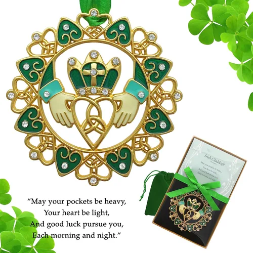 Miniatura 7 de Adornos de Navidad irlandeses – Diseño Claddagh dorado con joyas y esmalte – Caja de regalo con poema irlandés – Bolsa de almacenamiento de regalo