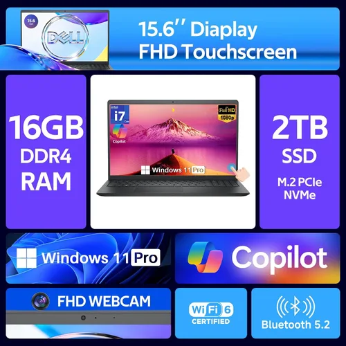Miniatura 3 de Dell 15 2026 DC15250 Portátil con pantalla táctil, Intel 10-Core i7-1355U, pantalla antirreflejos FHD de 15.6 pulgadas, 32 GB de RAM, SSD de 2 TB