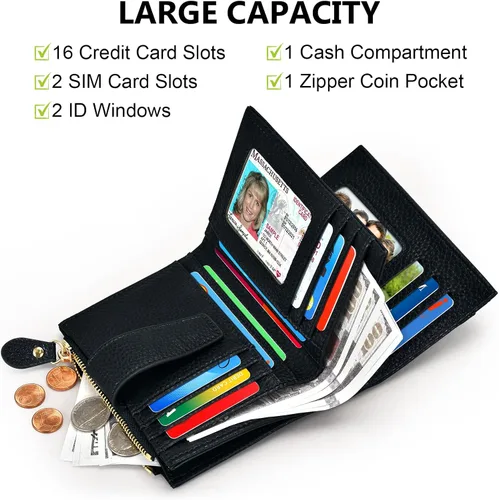 Miniatura 2 de oscaurt Billetera pequeña para mujer con bloqueo RFID, de dos pliegues, compacta, para tarjetas de crédito, de piel, con bolsillo con cremallera