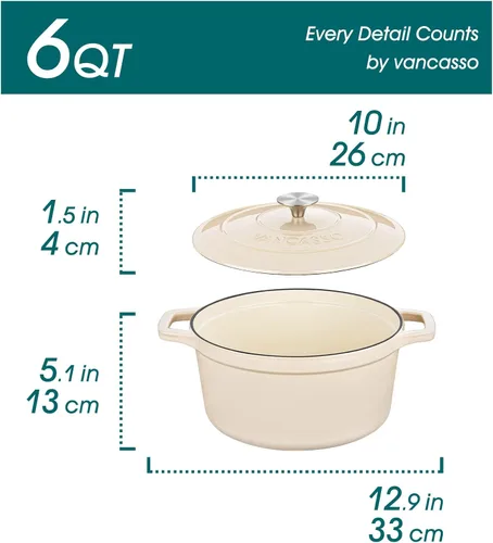 Miniatura 2 de vancasso Horno holandés de hierro fundido, olla redonda de 6 cuartos de galón con tapa y asas dobles, revestimiento de esmalte antiadherente