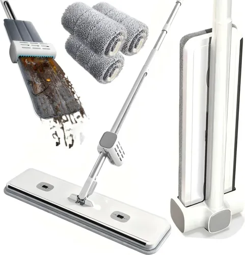Miniatura 9 de Trapeador de microfibra plana en seco húmedo para pisos de madera dura 6 almohadillas lavables incluidas, giro de 360°, para azulejos de cocina