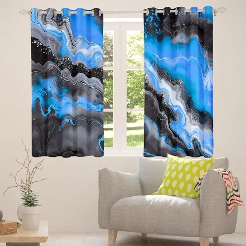 Miniatura 4 de Feelyou Cortinas abstractas para dormitorio, sala de estar, cortinas opacas de oscurecimiento negro y azul, con estampado de mármol, 2 paneles de 38