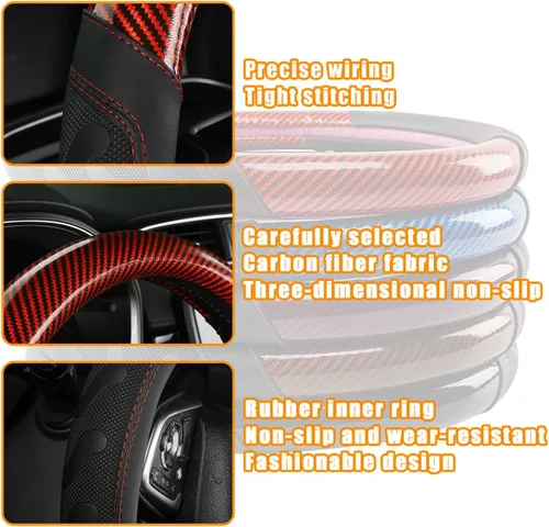 Miniatura 3 de Zpana Funda para volante de automóvil, 14.96 pulgadas, patrón de fibra de carbono 3D transpirable, protector de volante con forro antideslizante