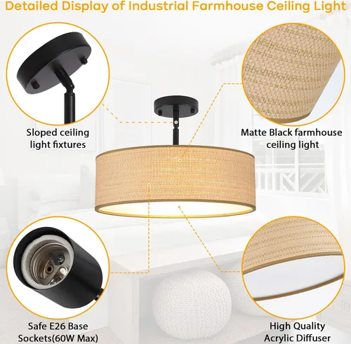 Miniatura 5 de Rattan Sloped Ceiling Light, 16.53" Woven Semi Flush Mount Boho Fabric Drum Shade, Pendant Lighting, for Dining Room, Foyer, Living Room, Hallway