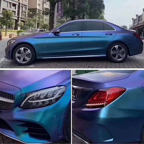 Miniatura 16 de Vinilo adhesivo de coche de color morado metálico brillante a azul camaleón, cinta adhesiva de película adhesiva de liberación de aire