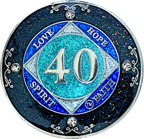 Miniatura 28 de NA 1 año de cristales y medallón de purpurina, moneda chapada en color plateado, arco iris negro, purpurina azul y cuatro cristales transparentes