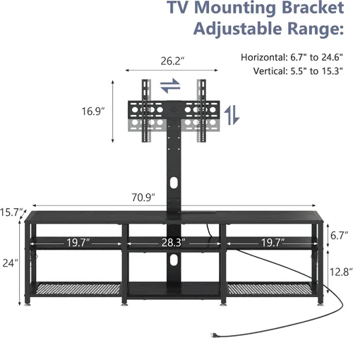 Miniatura 2 de VECELO Soporte de TV con montaje y tomas de corriente, centro de entretenimiento para televisores de 60/65/70/75/80 pulgadas, consola multimedia
