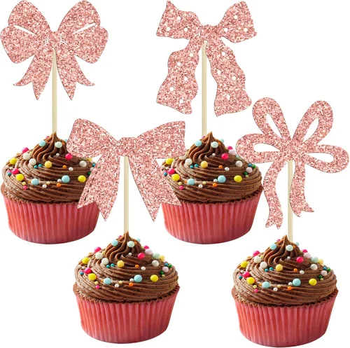 Miniatura 21 de Ephlyn 24 Piezas Adornos para Cupcakes con Lazo Rosa - Decoraciones de Cupcakes con Moño para Nupcial, Baby Shower, Fiesta Temática de Boda - Negro