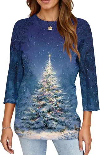 Miniatura 138 de Camisetas de manga 3/4 para mujer, cuello redondo, holgadas, casuales, con estampado floral, camisetas de moda para el trabajo de negocios