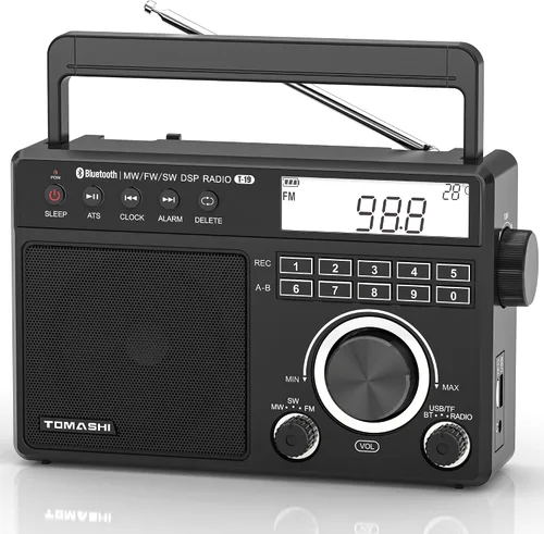 TOMASHI Radio FM portátil de onda corta MW con Bluetooth, sintonización ATS, reloj y alarma, grabación, reproducción de MP3/WMA a través de tarjeta
