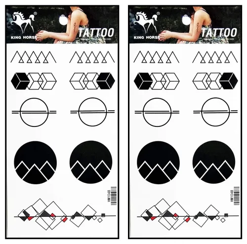 Tatuajes 2 hojas círculo triángulo cuadrado pirámide matemáticas arte fantasía 3D tatuaje impermeable pegatinas removibles temporales brazo falso 16.