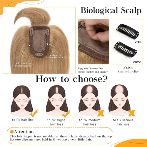 Miniatura 2 de S-noilite Toppers para el cabello humano real con flequillo, 6 pulgadas, color rubio oscuro #27, base de seda, clip en la parte superior