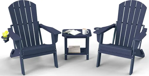 Miniatura 19 de Juego de sillas plegables Adirondack de 3 piezas, respaldo extra alto de 38 pulgadas y grano de madera en relieve, muebles de patio de polietileno