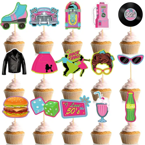 45 piezas de decoración de cupcakes de los años 50, decoración de fiesta de música rock and roll, decoración de pasteles para fiesta temática retro