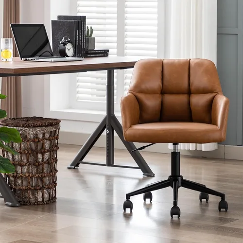 Silla de escritorio de cuero marrón con respaldo medio, apoyabrazos, silla de oficina con soporte ajustable de altura, silla giratoria de 360° con