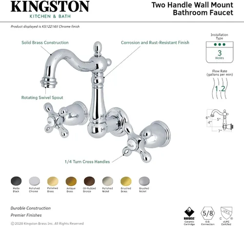 Miniatura 3 de Kingston Brass KS1223AX - Grifo de baño de montaje en pared central de 8 pulgadas, latón antiguo