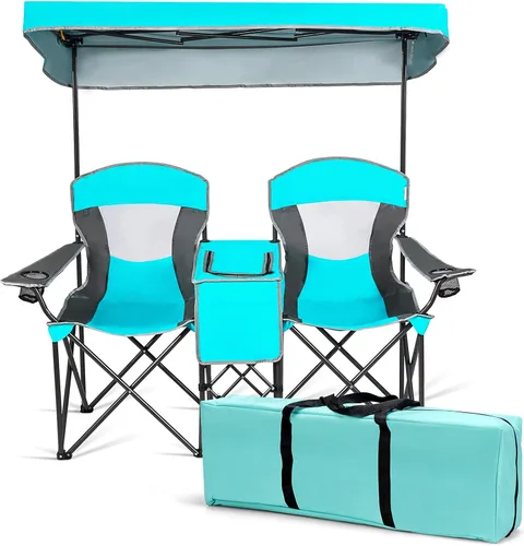 Miniatura 11 de Safstar Silla doble de campamento y playa plegable con toldo para sombra para 2 personas, con mesa pequeña para bebidas y bolsa de transporte