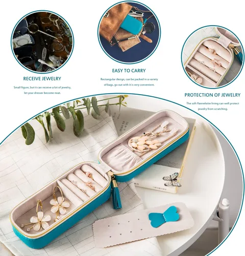 Miniatura 4 de SANQIANWAN Pequeña caja organizadora de viaje de joyería con piel sintética, estuche portátil de almacenamiento de joyas para collares, anillos