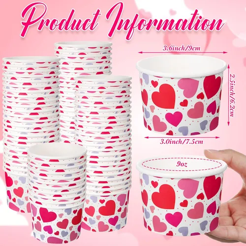 Miniatura 3 de Shellwei 100 cuencos de papel de helado para el día de San Valentín de 9 onzas a granel, tazas de aperitivos con corazón rojo, tazones de postre
