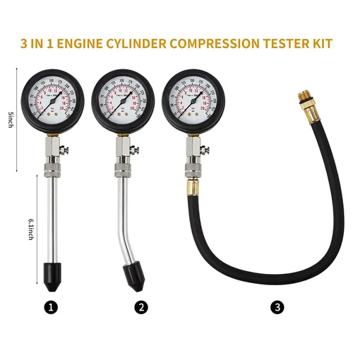 Miniatura 5 de Probador de Compresión de 8 Piezas, Kit Profesional de Probador de Compresión de Motor de Gasolina, Manómetro de Presión de Cilindro 0-300 PSI