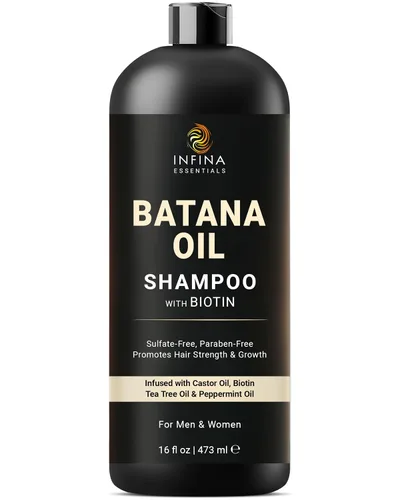 INFINA ESSENTIALS Champú de aceite de Batana | 16 onzas líquidas | con biotina y árbol de té | Fórmula hidratante, fortalecedora y nutritiva |