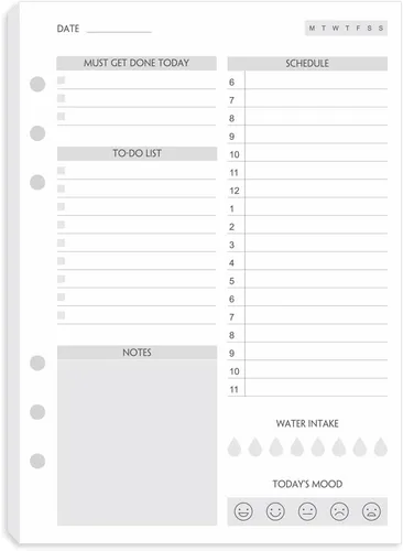 Papel de repuesto A5 para lista de tareas pendientes, 100 hojas, horario diario sin fecha, prioridades del día, notas y rastreador de agua,