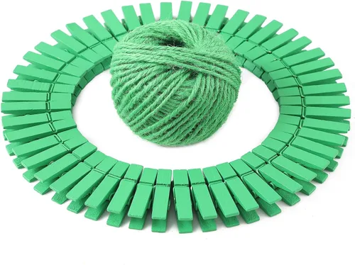 HSTECH 100 piezas de mini pinzas de madera natural verde y 25 m de cuerda de yute, pinzas para ropa de bebé, pinzas de 3.5 cm para manualidades,