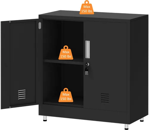 Miniatura 7 de Armario de almacenamiento de metal con puertas de bloqueo y estante ajustable, pequeño aparador con cerradura para el hogar, oficina, entrada, Negro