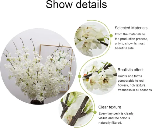 Miniatura 3 de 6 ramas artificiales de cerezo de seda de cerezo sintético, tallos altos, flores artificiales para florero, boda, decoración del hogar (blanco)
