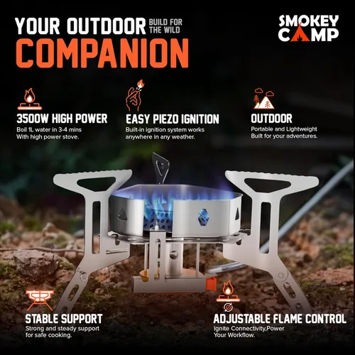 Miniatura 5 de Estufa de campamento de 3500 W, estufa de campamento resistente al viento con funda de transporte de encendido piezoeléctrico y 2 adaptadores