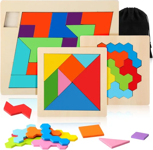 Miniatura 8 de Yunsailing Paquete de 3 rompecabezas grandes de madera hexagonal Tangram rompecabezas de madera rusa para adultos desafío teasers geométrico, lógica