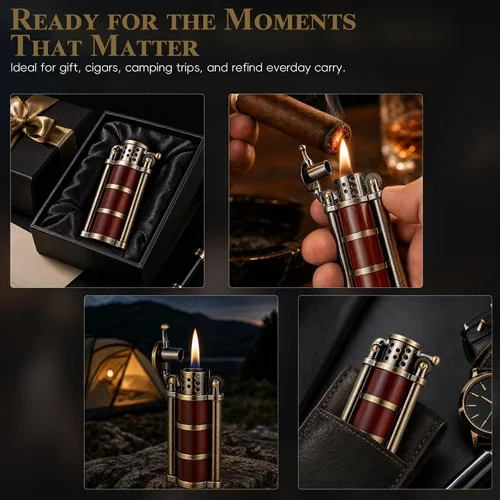 Miniatura 8 de Encendedor de queroseno vintage con rueda de pedernal con funda de palisandro, latón antiguo a prueba de viento, encendedor de gasolina fresca