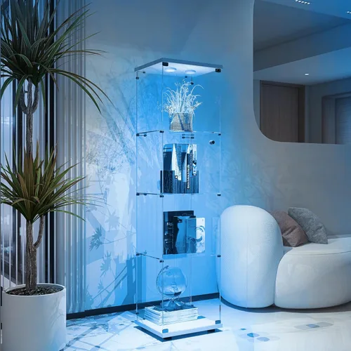 Vitrina de cristal con luces y cerradura, vitrina Curio de 4 niveles con puerta de cristal, escaparate de pie para sala de estar, dormitorio, Blanco