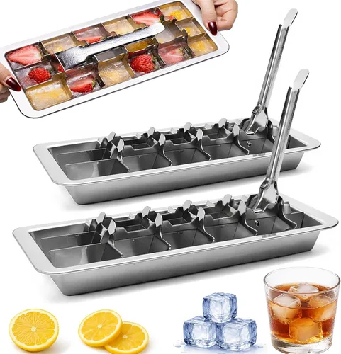 Miniatura 9 de Bandejas de Cubitos de Hielo de Acero Inoxidable, Bandejas de Cubitos de Hielo de Metal para Congelador Diseño de Inspiración Vintage con Palanca