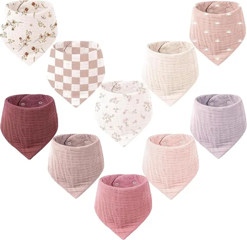 Miniatura 14 de Konssy Baberos de muselina para bebé, paquete de 10 baberos bandana para bebé, 100% algodón, unisex para niños y niñas Amarillo