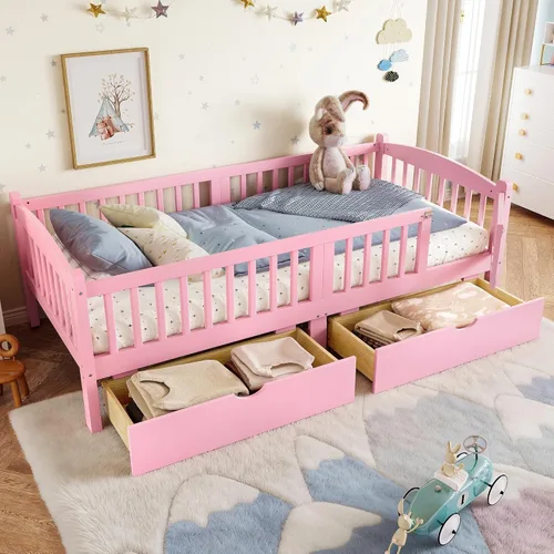 Miniatura 9 de Bellemave Estructura de cama tamaño completo con barandillas de protección y cajones de almacenamiento, camas infantiles de madera estilo Montessori